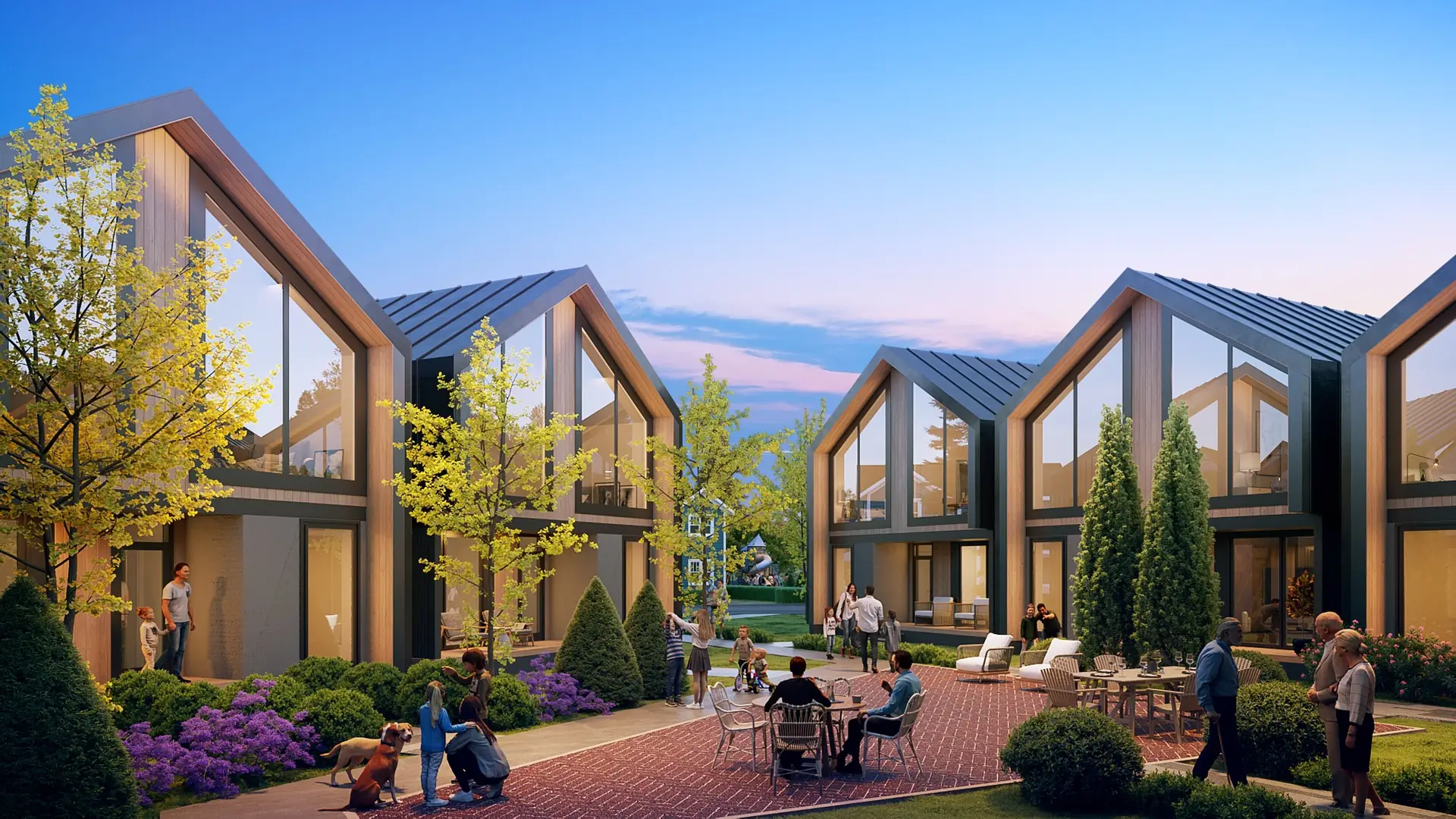 Trailblazer Village — homes at dusk